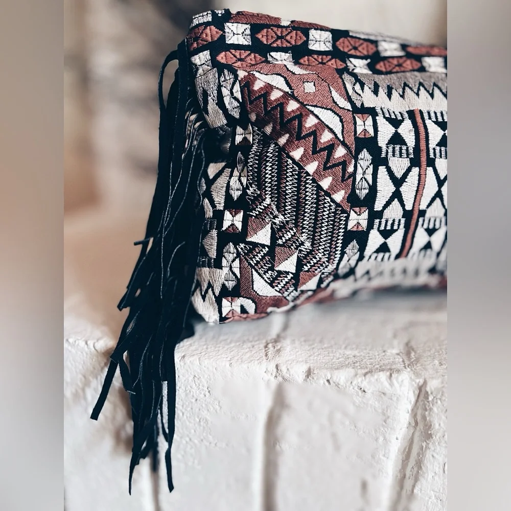 Clutch ELEVATED BOHO Tapestry & Suede Fringe Clutch with Metallic Thread
